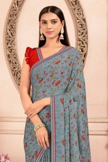 Floral Print, Graphic Print Kalamkari Chiffon, Lace Saree (Pink)