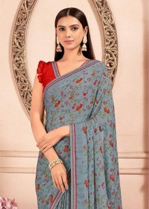 Floral Print Chiffon Saree With Attached Border (Grey)