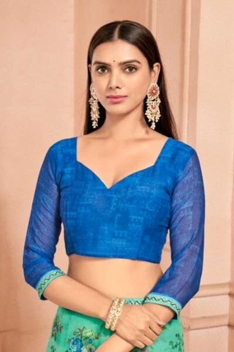 Floral Print Chiffon Saree With Attached Border (Parrot Green)