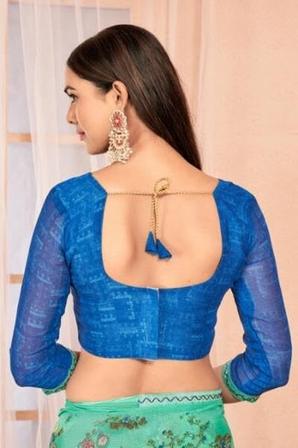 Floral Print Kalamkari Chiffon, Lace Saree (Green)