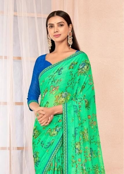 Floral Print Chiffon Saree With Attached Border (Parrot Green)