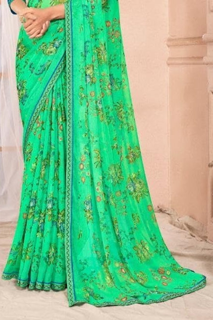 Floral Print Kalamkari Chiffon, Lace Saree (Green)