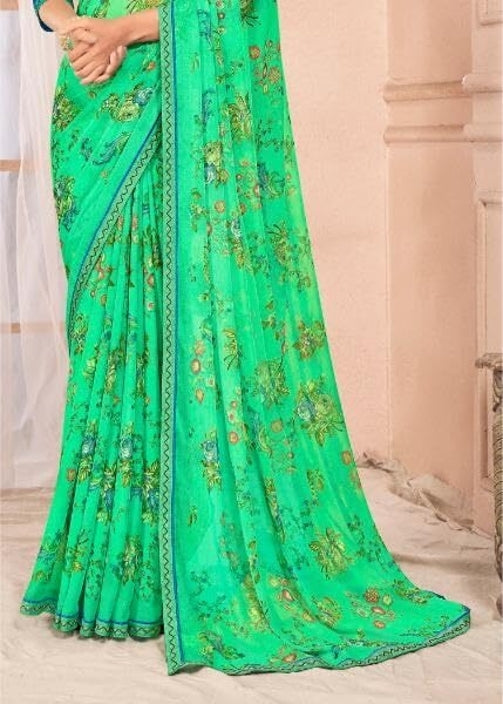 Floral Print Chiffon Saree With Attached Border (Parrot Green)