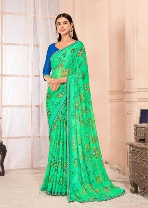 Floral Print Kalamkari Chiffon, Lace Saree (Green)