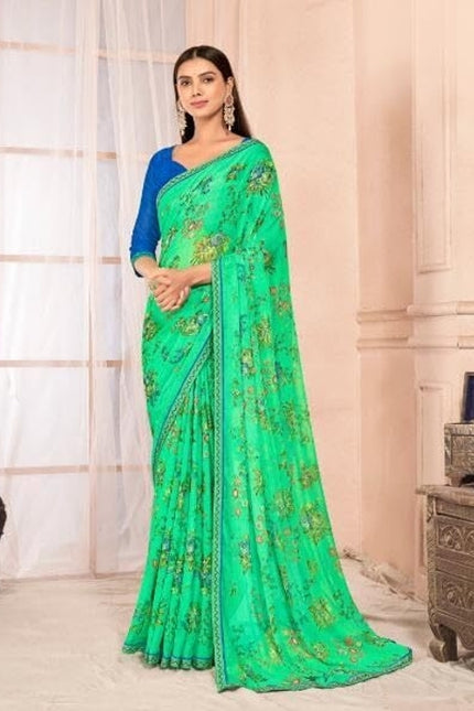 Floral Print Kalamkari Chiffon, Lace Saree (Green)