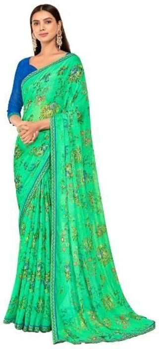 Floral Print Kalamkari Chiffon, Lace Saree (Green)
