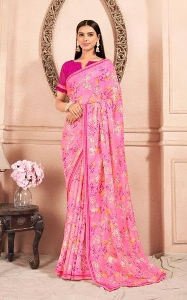 Floral Print, Graphic Print Kalamkari Chiffon, Lace Saree (Orange)