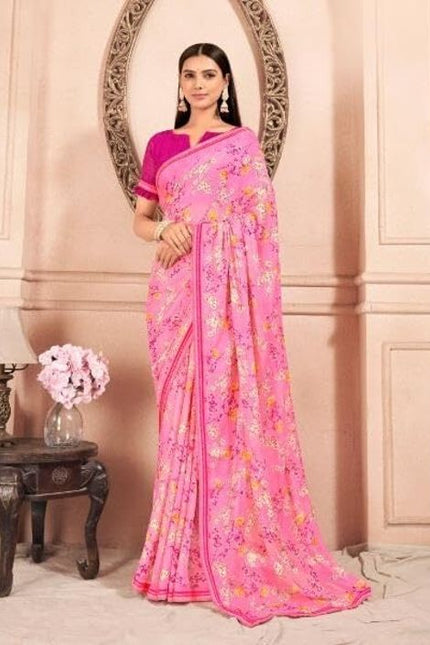 Floral Print, Graphic Print Kalamkari Chiffon, Lace Saree (Orange)