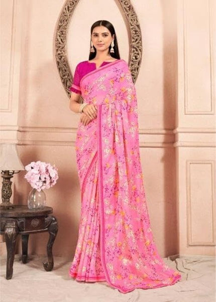 Floral Print Chiffon Saree With Attached Border (Pink)