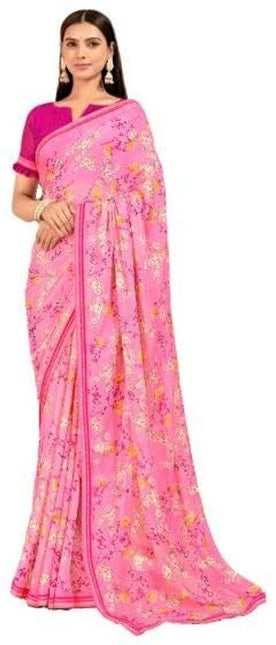Floral Print, Graphic Print Kalamkari Chiffon, Lace Saree (Orange)