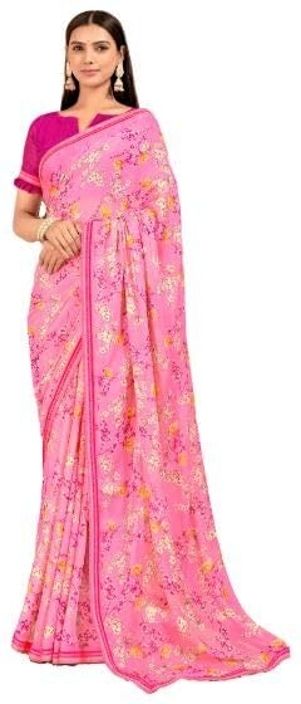 Floral Print Chiffon Saree With Attached Border (Pink)