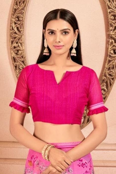 Floral Print Chiffon Saree With Attached Border (Pink)
