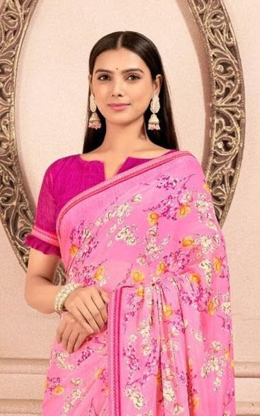 Floral Print, Graphic Print Kalamkari Chiffon, Lace Saree (Orange)