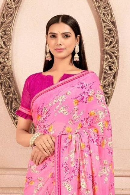 Floral Print, Graphic Print Kalamkari Chiffon, Lace Saree (Orange)