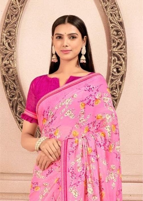 Floral Print Chiffon Saree With Attached Border (Pink)