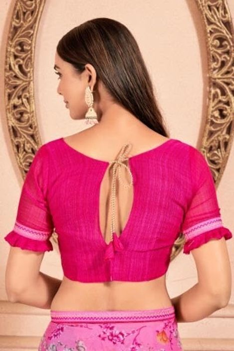 Floral Print Chiffon Saree With Attached Border (Pink)