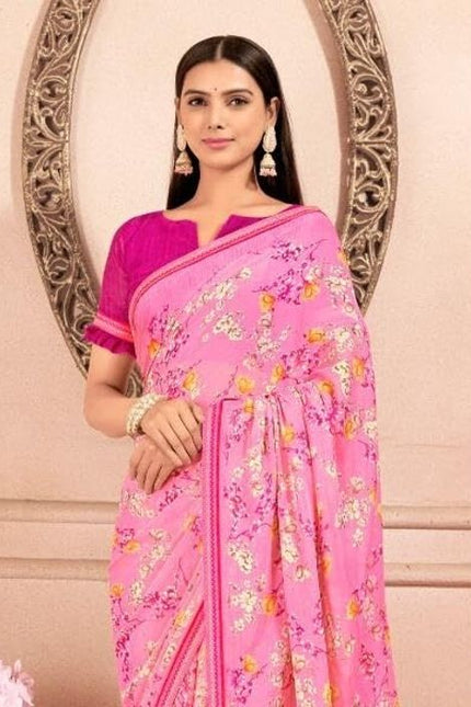 Floral Print, Graphic Print Kalamkari Chiffon, Lace Saree (Orange)