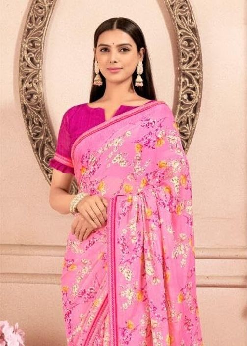Floral Print Chiffon Saree With Attached Border (Pink)