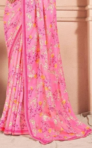 Floral Print, Graphic Print Kalamkari Chiffon, Lace Saree (Orange)