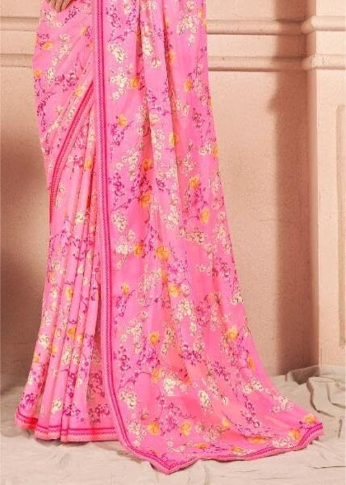 Floral Print Chiffon Saree With Attached Border (Pink)