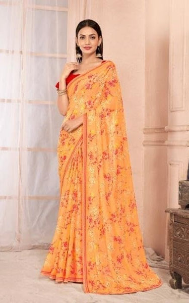 Floral Print, Graphic Print Kalamkari Chiffon, Lace Saree (Green)