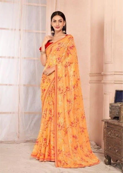 Floral Print Chiffon Saree With Attached Border (Pastel Orange)