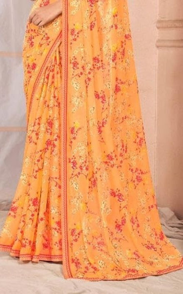 Floral Print, Graphic Print Kalamkari Chiffon, Lace Saree (Green)