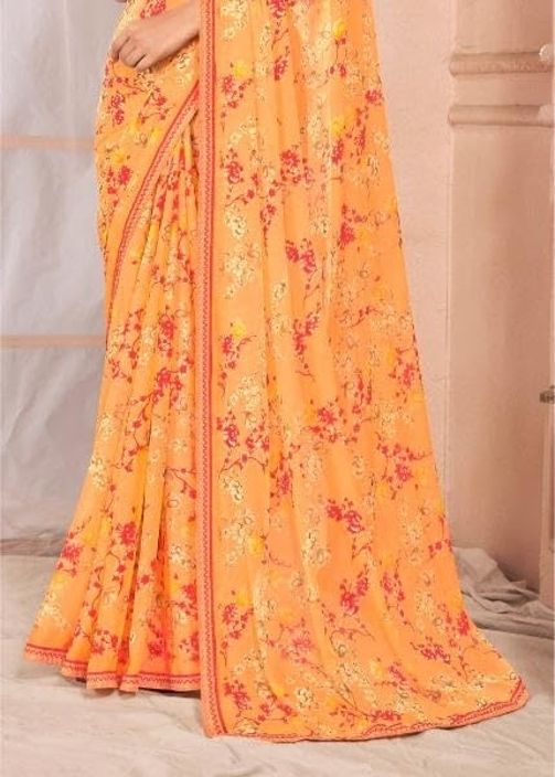 Floral Print Chiffon Saree With Attached Border (Pastel Orange)