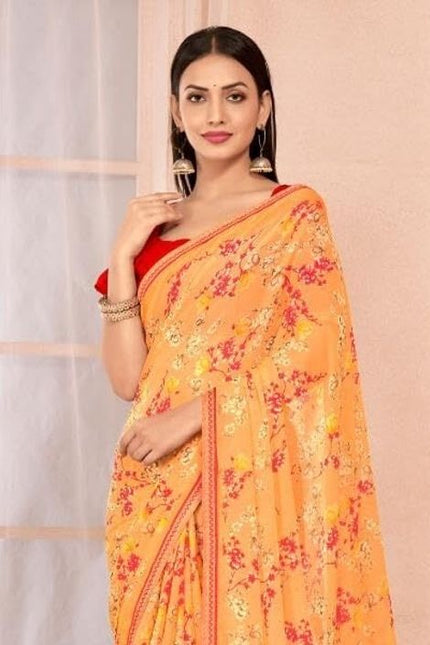 Floral Print, Graphic Print Kalamkari Chiffon, Lace Saree (Green)