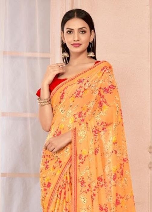 Floral Print Chiffon Saree With Attached Border (Pastel Orange)
