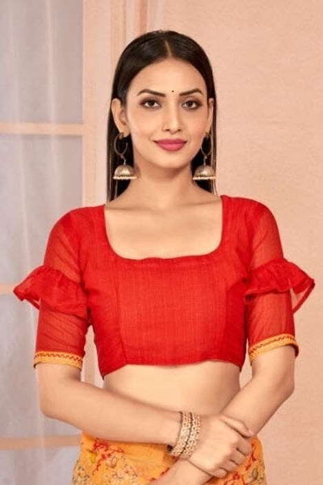 Floral Print, Graphic Print Kalamkari Chiffon, Lace Saree (Orange)