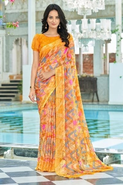 Geometric Print, Graphic Print Bollywood Chiffon, Georgette Saree (Yellow)