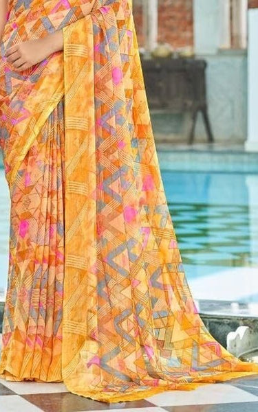 Geometric Print, Graphic Print Bollywood Chiffon, Georgette Saree (Red)
