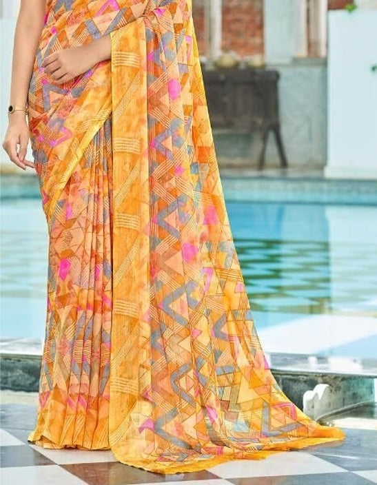 Geometric Print, Graphic Print Bollywood Chiffon, Georgette Saree (Yellow)