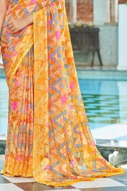 Geometric Print, Graphic Print Bollywood Chiffon, Georgette Saree (Yellow)