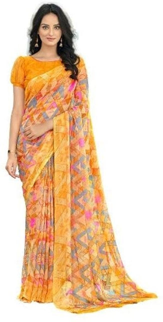 Geometric Print, Graphic Print Bollywood Chiffon, Georgette Saree (Yellow)