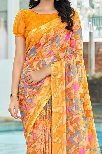 Geometric Print, Graphic Print Bollywood Chiffon, Georgette Saree (Yellow)