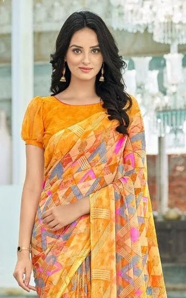 Geometric Print, Graphic Print Bollywood Chiffon, Georgette Saree (Red)