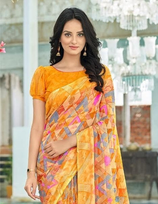 Geometric Print, Graphic Print Bollywood Chiffon, Georgette Saree (Yellow)