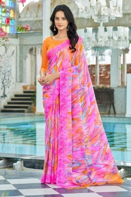 Geometric Print, Graphic Print Bollywood Chiffon, Georgette Saree (Pink)