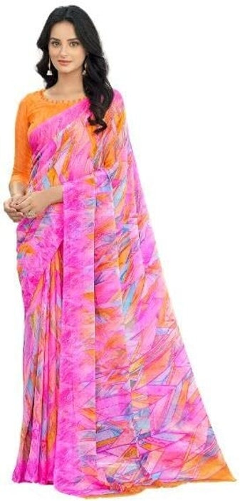 Geometric Print, Graphic Print Bollywood Chiffon, Georgette Saree (Pink)