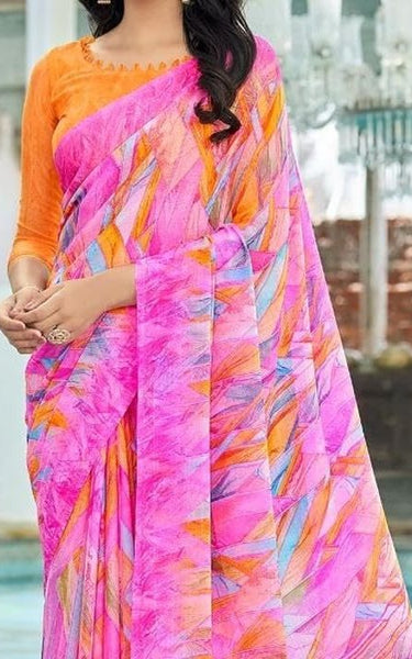 Geometric Print, Graphic Print Bollywood Chiffon, Georgette Saree (Yellow)