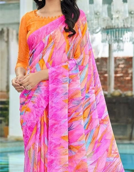 Geometric Print, Graphic Print Bollywood Chiffon, Georgette Saree (Pink)