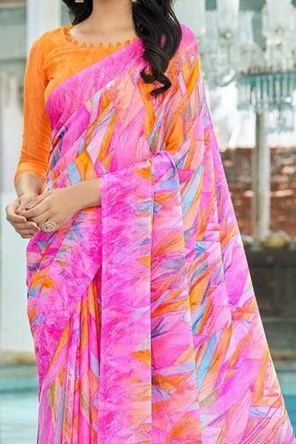 Geometric Print, Graphic Print Bollywood Chiffon, Georgette Saree (Pink)