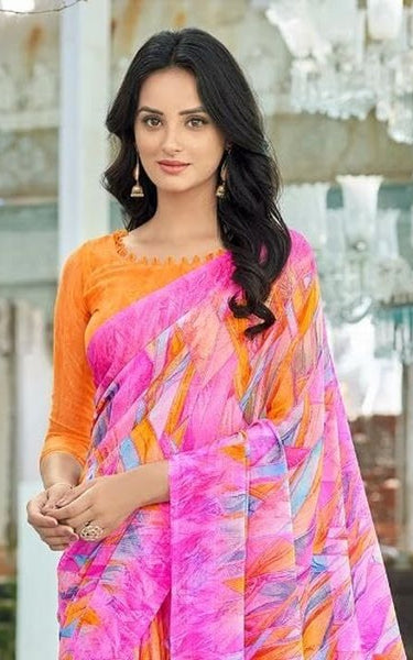 Geometric Print, Graphic Print Bollywood Chiffon, Georgette Saree (Yellow)