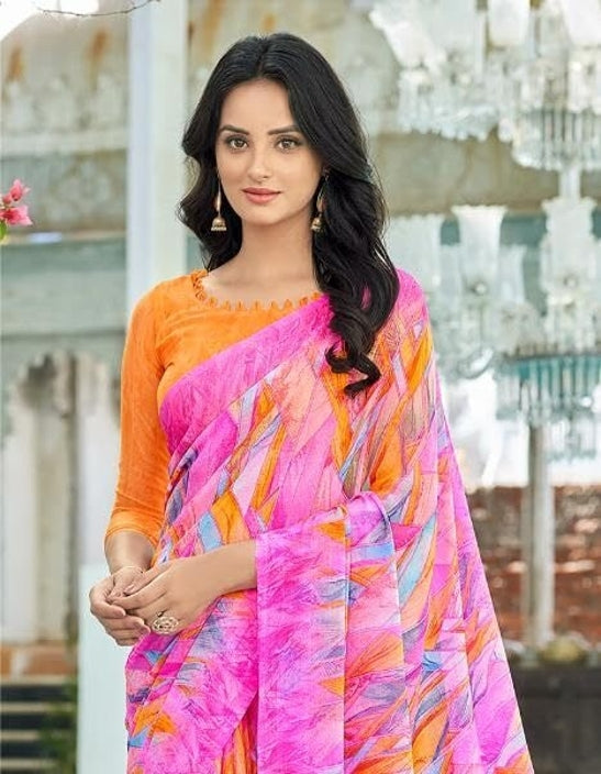Geometric Print, Graphic Print Bollywood Chiffon, Georgette Saree (Pink)