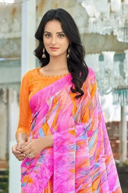 Geometric Print, Graphic Print Bollywood Chiffon, Georgette Saree (Pink)