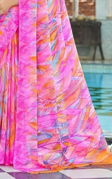 Geometric Print, Graphic Print Bollywood Chiffon, Georgette Saree (Yellow)