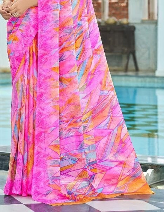Geometric Print, Graphic Print Bollywood Chiffon, Georgette Saree (Pink)