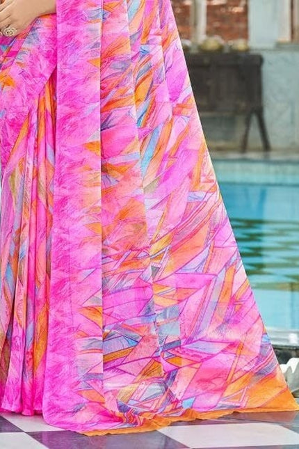 Geometric Print, Graphic Print Bollywood Chiffon, Georgette Saree (Pink)